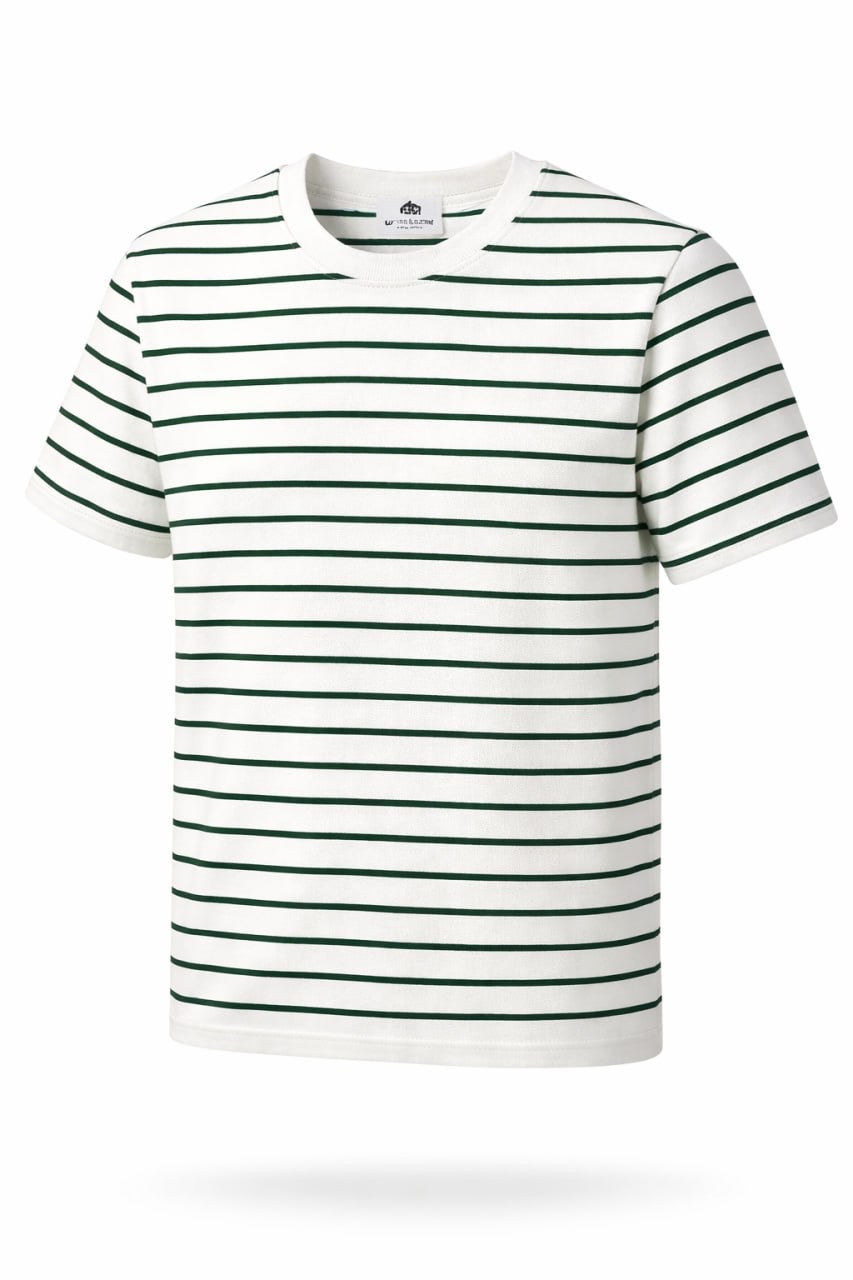 White t-shirt with green stripes