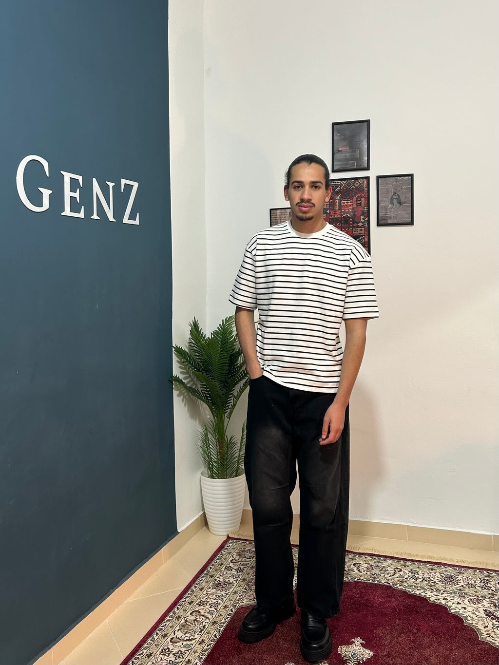 White t-shirt with black streps