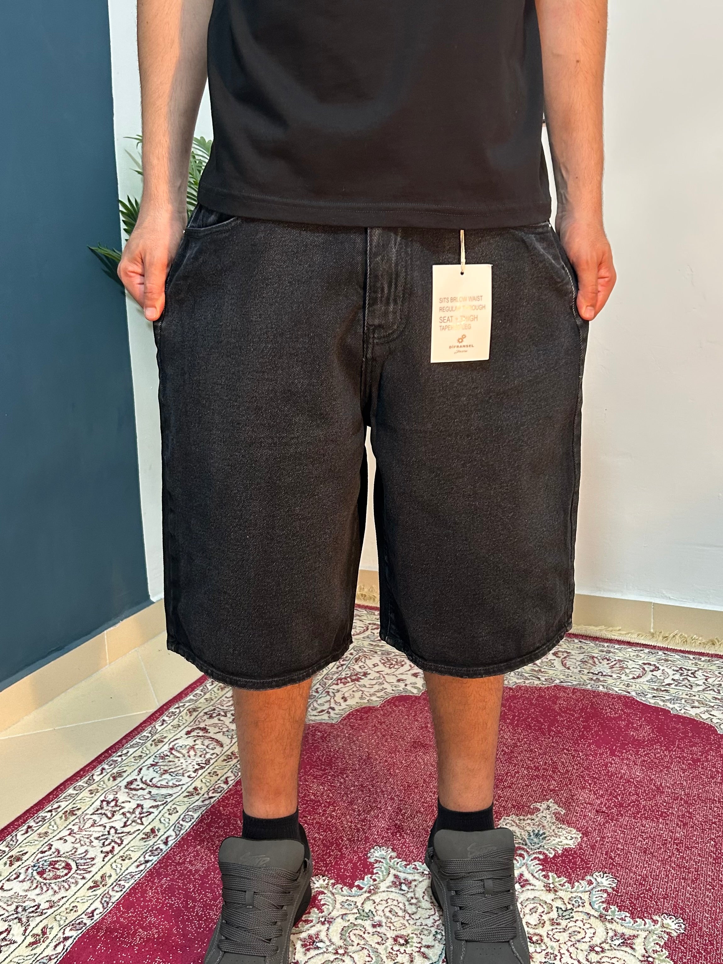 grey black baggy shorts