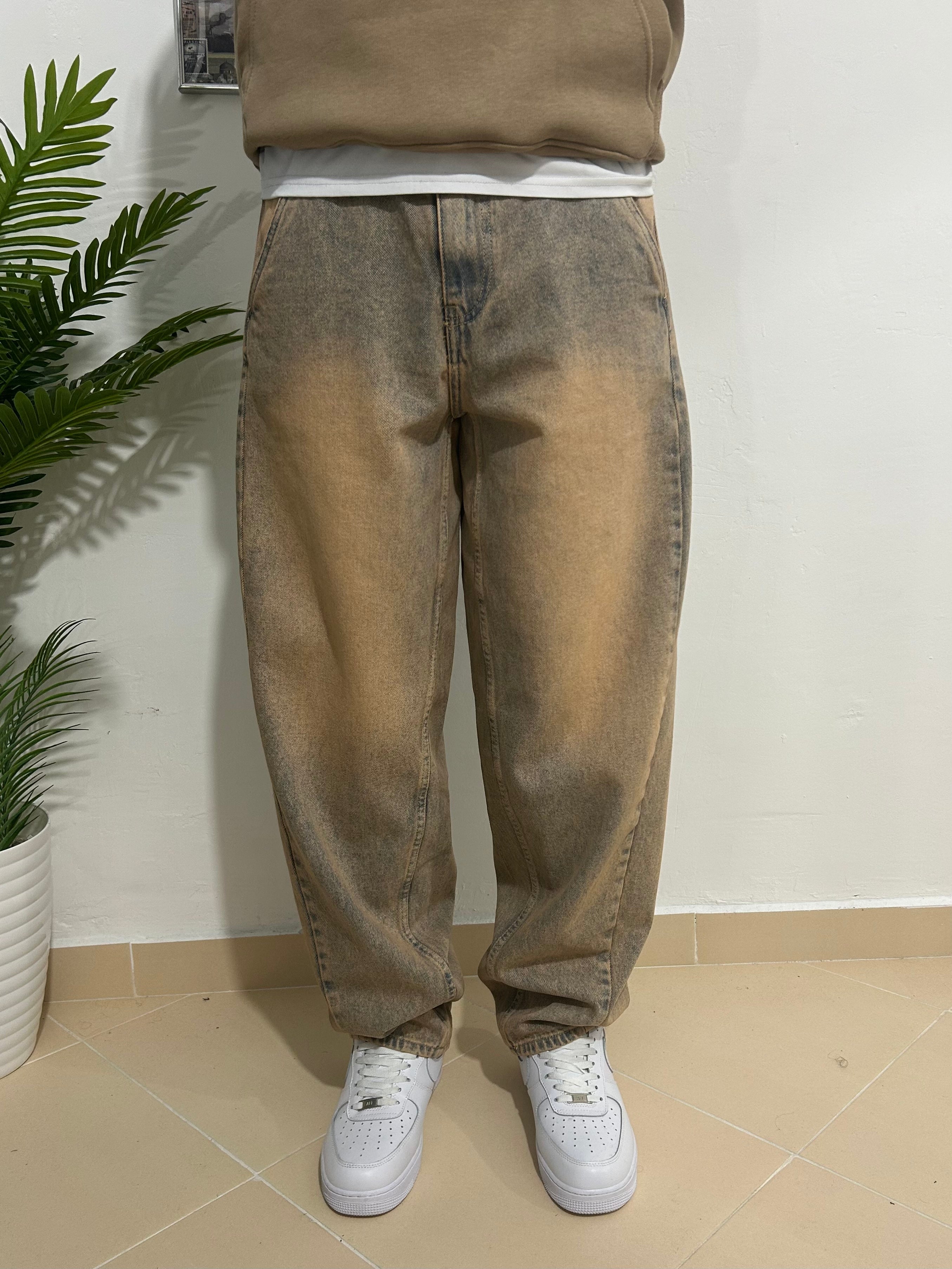 brown wash balloon jeans