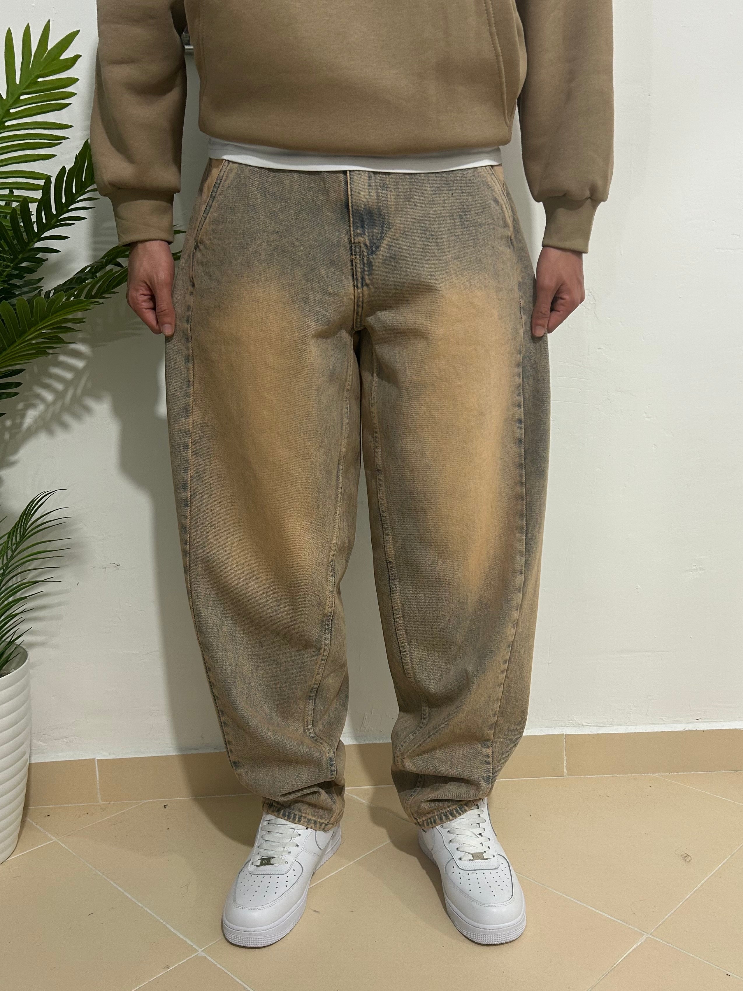 brown wash balloon jeans
